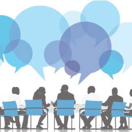 Characters around meeting table with quote bubbles above them