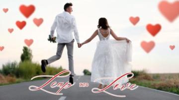 one man and one woman, wearing white attire for a wedding, holding hands, skipping down a road, surrounded by floating heart cartoons