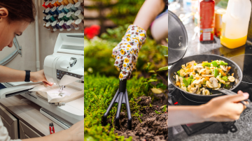 Three panels of images, from left to right: First image is a woman sewing a leaf with a sewing machine, Second image is a woman's hand using a gardening tool to rake dirt, Third image is a woman's hand cooking a medley of vegetables over an induction stovetop.