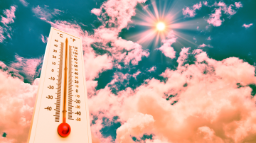 Thermometer Sun high Degrees. Hot summer day. High Summer temperatures