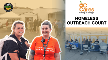 YouTube video cover for OC Cares Homeless Outreach Court featuring community members at an outdoor resource fair event with the text “Homeless Outreach Court.
