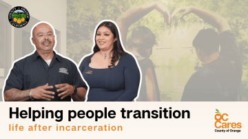 YouTube video cover for OC Cares featuring two speakers discussing reentry support with the text “Helping people transition life after incarceration.”