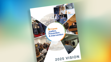 graphic showing the cover photo of OC Cares 2025 Vision Report with five pillars Prevention, Courts, In-Custody, Reentry, and Juvenile and Transitional Aged Youths