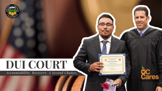 YouTube video cover for OC Cares DUI Court featuring a program graduate holding a certificate beside a judge, with the text “DUI Court – Accountability. Recovery. A Second Chance.”