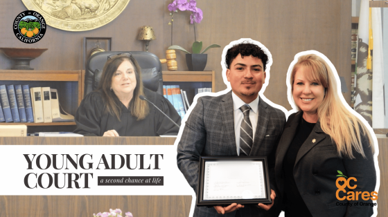 YouTube video cover for OC Cares Young Adult Court featuring a young man holding a certificate beside a woman, with a judge in the background and the text “Young Adult Court – a second chance at life.”