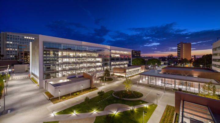 Aerial view of the Orange County Civic Center at night