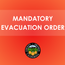 The image contains a bold warning message that reads "MANDATORY EVACUATION ORDER" in white capital letters against a gradient red-orange background. Below the text, there is the official seal of Orange County, California.