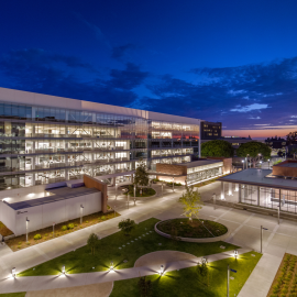 Aerial view of the Orange County Civic Center at night