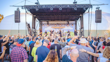 A crowd of people watching a rock band perform on stage.