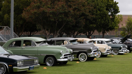 a row of classic cars parked on a grassy field