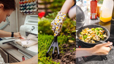 Three panels of images, from left to right: First image is a woman sewing a leaf with a sewing machine, Second image is a woman's hand using a gardening tool to rake dirt, Third image is a woman's hand cooking a medley of vegetables over an induction stovetop.