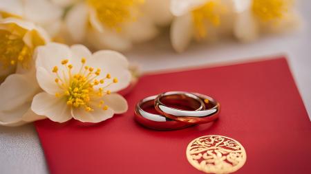 two rings over red envelope