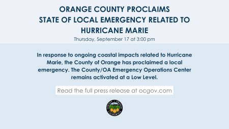 Graphic from the County of Orange announcing a local emergency related to Hurricane Marie. As of Thursday, September 17 at 3 p.m., the County has proclaimed a local emergency related to Hurricane Marie